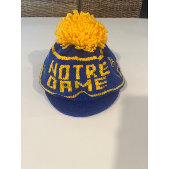 Vintage Notre Dame Knit Beanie Hat Blue & Yellow With Pom Pom - Picture 1 of 5